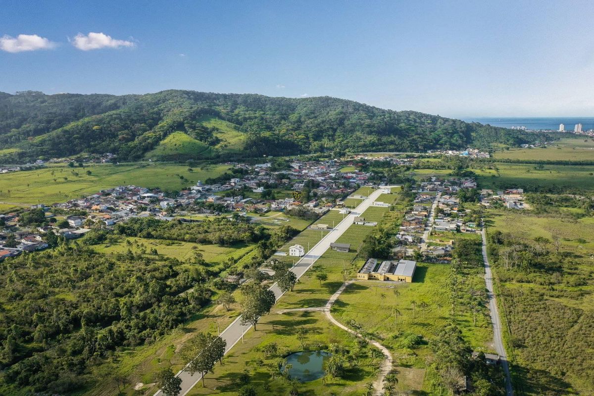 Vista aérea de área rural com casas, vegetação e montanhas ao fundo