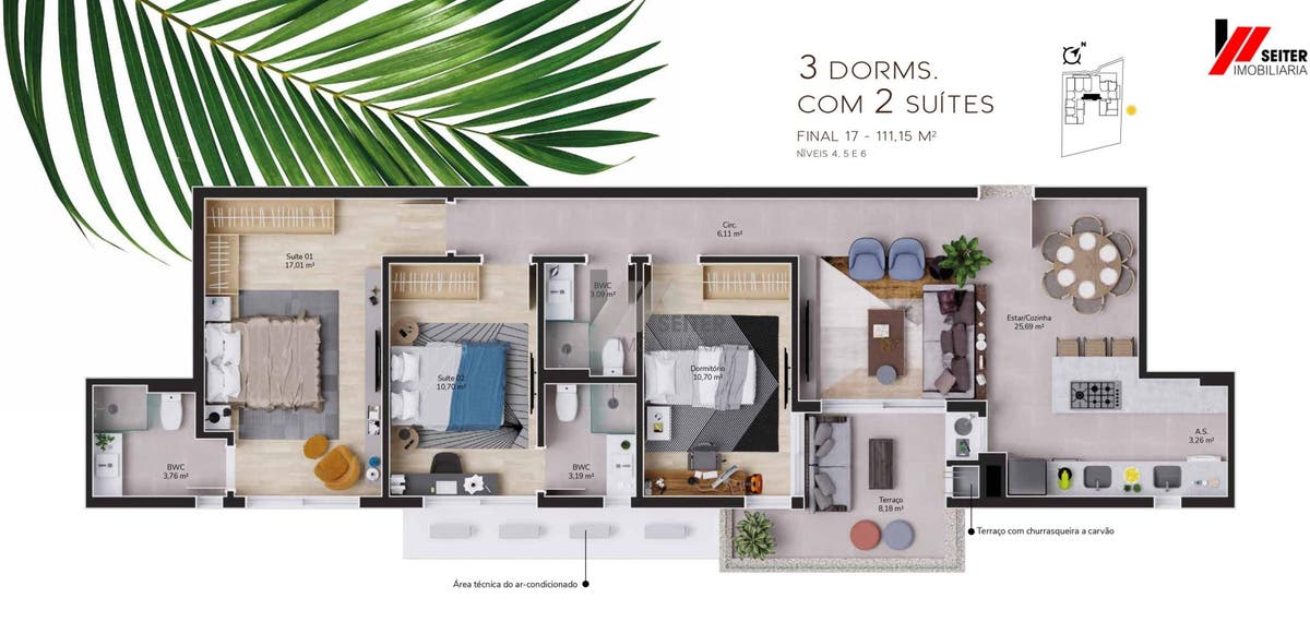 Apartamento a venda de 3 dormitorios com 2 suites no bairro cacupé