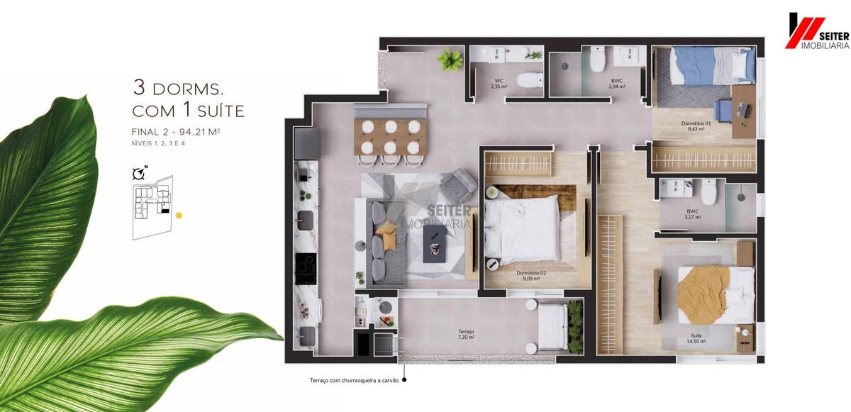 Apartamento a venda de 3 dormitorios com 2 suites no bairro cacupé