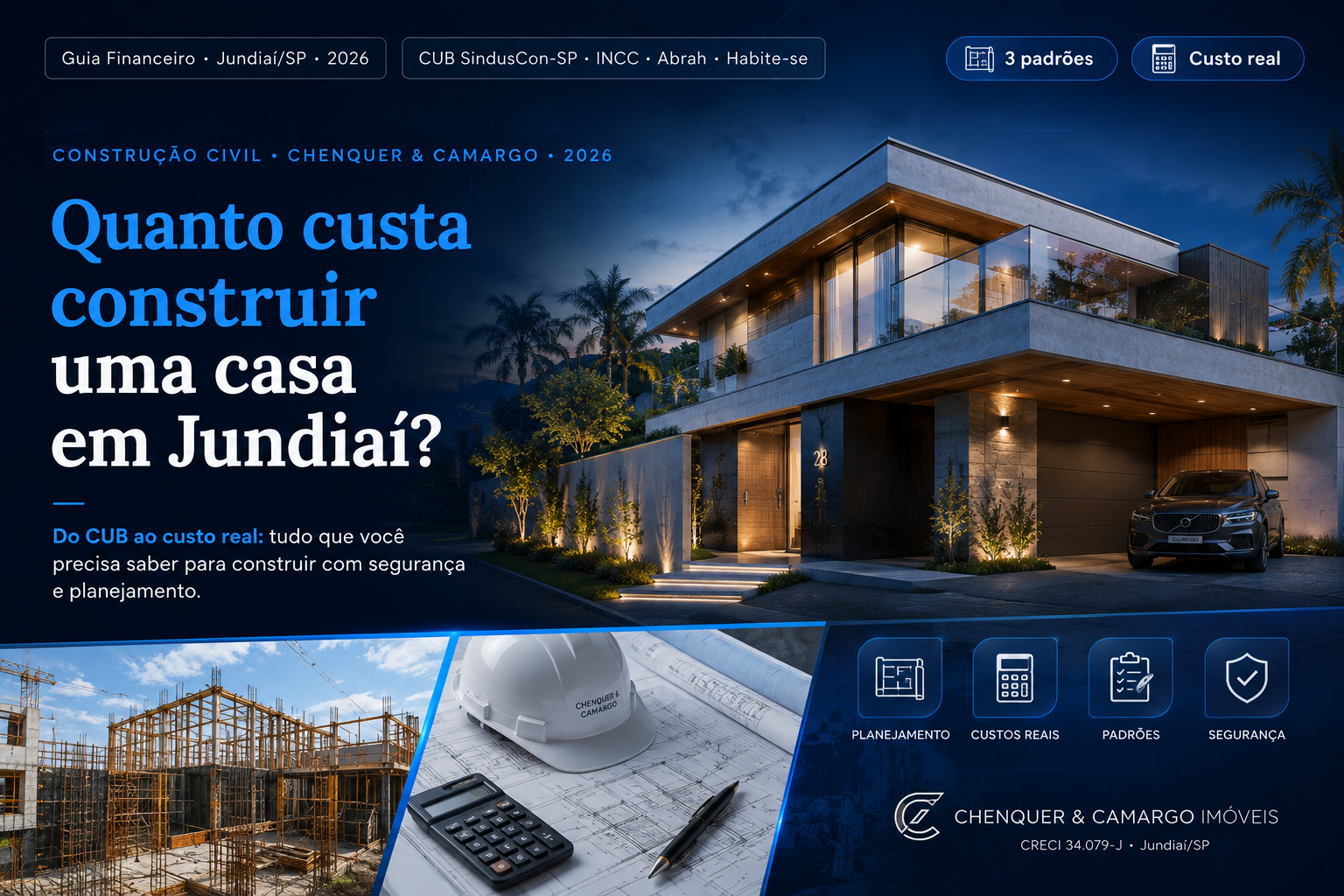 Custo de construção de uma casa em Jundiaí em 2026 por padrão de acabamento: preço por m², taxas, INSS da obra, alvará e Habite-se na Prefeitura de Jundiaí