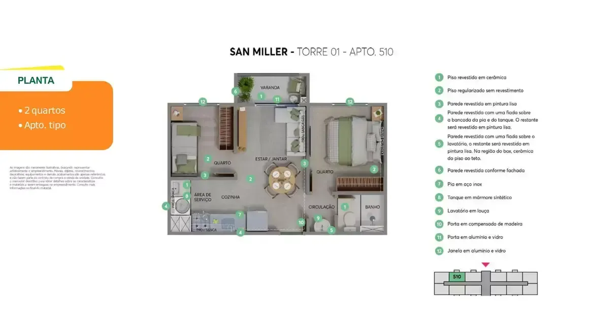 San miller construtora mrv construção 35 metros 02 dormitóri