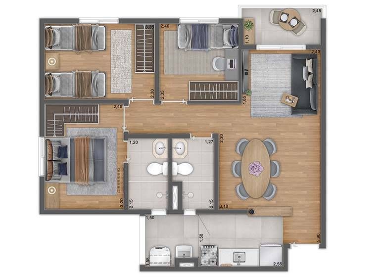 Unni harmoni by plano e plano construção 60 metros 03 dormit