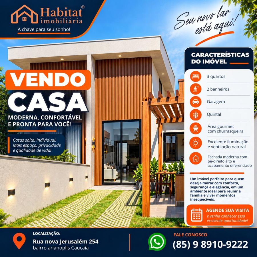 🏡 CASA SOLTA E INDIVIDUAL À VENDA | CONFORTO E MODERNIDADE PARA SUA FAMÍLIA! - Casa em Arianópolis (Jurema), Caucaia - à venda - HABITAT CAUCAIA IMÓVEIS LTDA