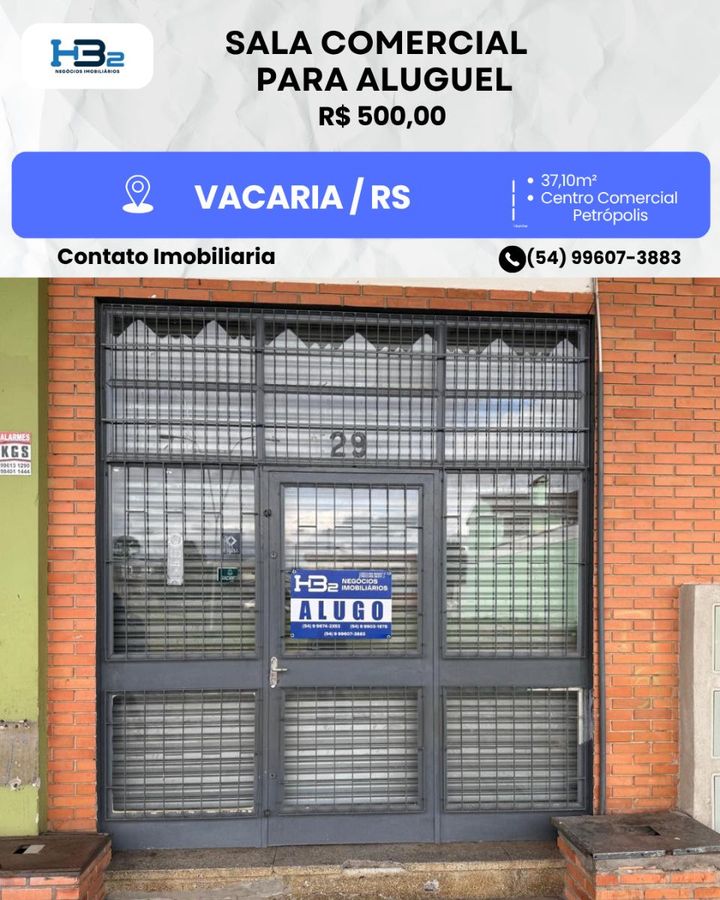 SALA COMERCIAL PARA LOCAR - PETRÓPOLIS VACARIA - Comercial em PETRÓPOLIS, Vacaria - para locação - HB2 NEGOCIOS IMOBILIARIOS LTDA