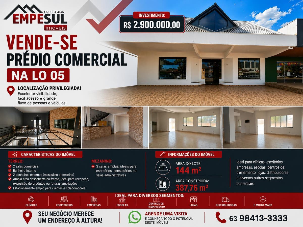Vendo Prédio Comercial na LO 05 – Excelente Localização! - Prédio em Plano Diretor Sul, Palmas - à venda - Empesul Imóveis