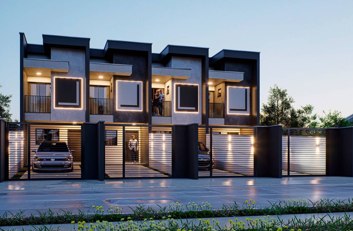Fachada moderna com iluminação decorativa e garagem frontal.