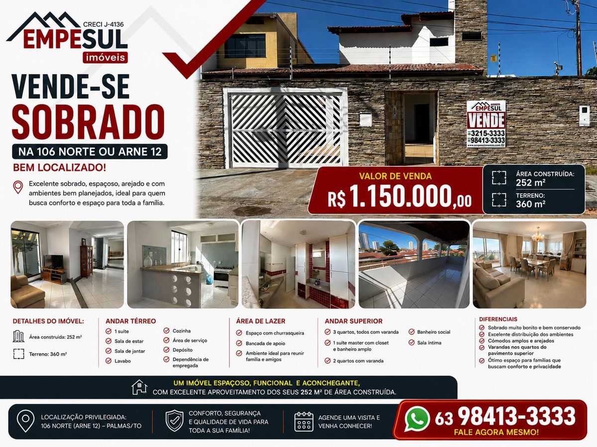 Vendo Sobrado na 106 Norte ou Arne 12