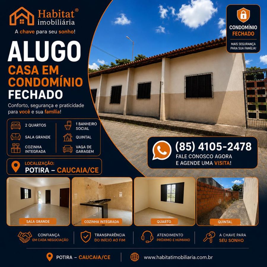 ALUGO CASA EM CONDOMINIO COM 2 QUARTOS NO PARQUE POTIRA - Casa em Parque Guadalajara (Jurema), Caucaia - para locação - HABITAT CAUCAIA IMÓVEIS LTDA