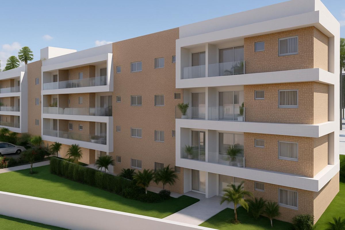 ?✨ Fachada moderna de edifício residencial com detalhes em tijolos ? e varandas com vidro ?, sob céu azul e clima ensolarado ☀️. (melhorada por IA)