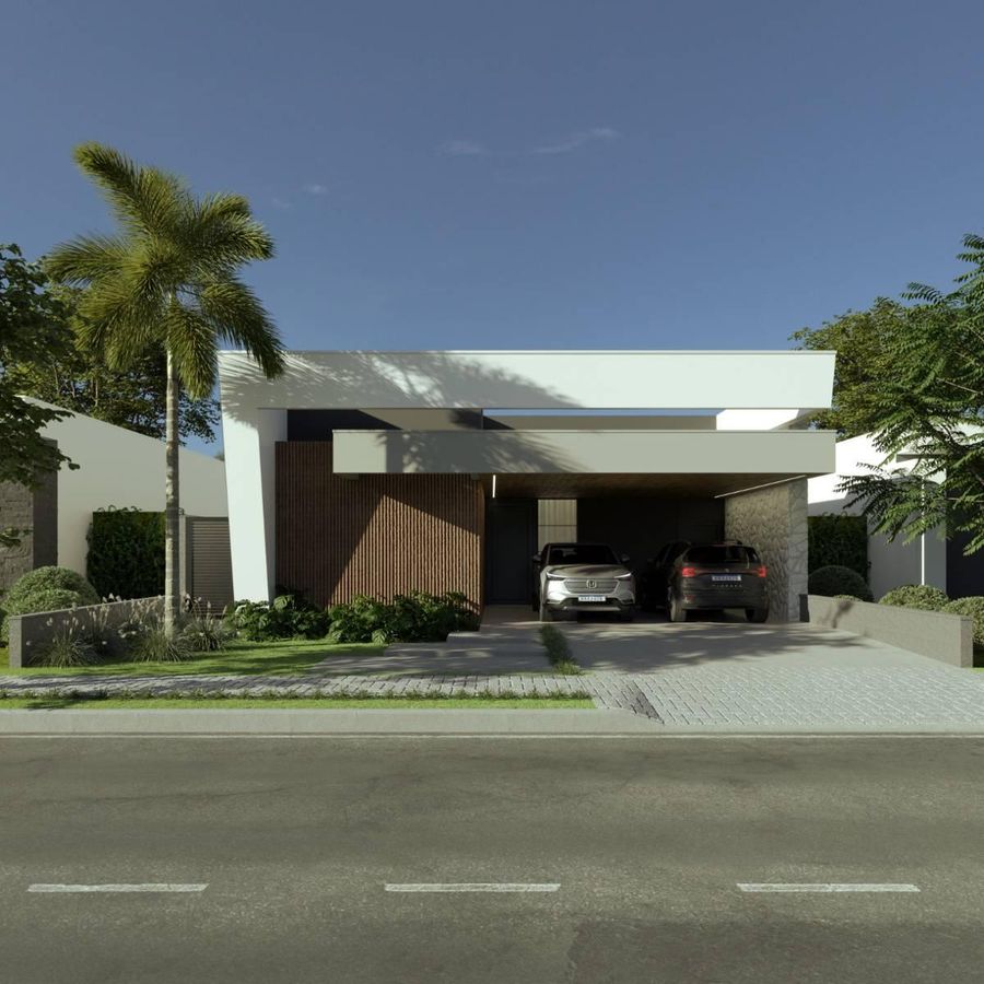 Fachada moderna com garagem sobjetiva, céu claro e árvores ao redor