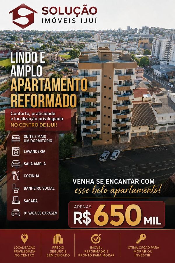 Lindo e Amplo Apartamento Reformado - CENTRO de Ijuí - Apartamento em Centro, Ijuí - à venda - IMOBILIÁRIA SOLUÇÃO IMÓVEIS IJUÍ