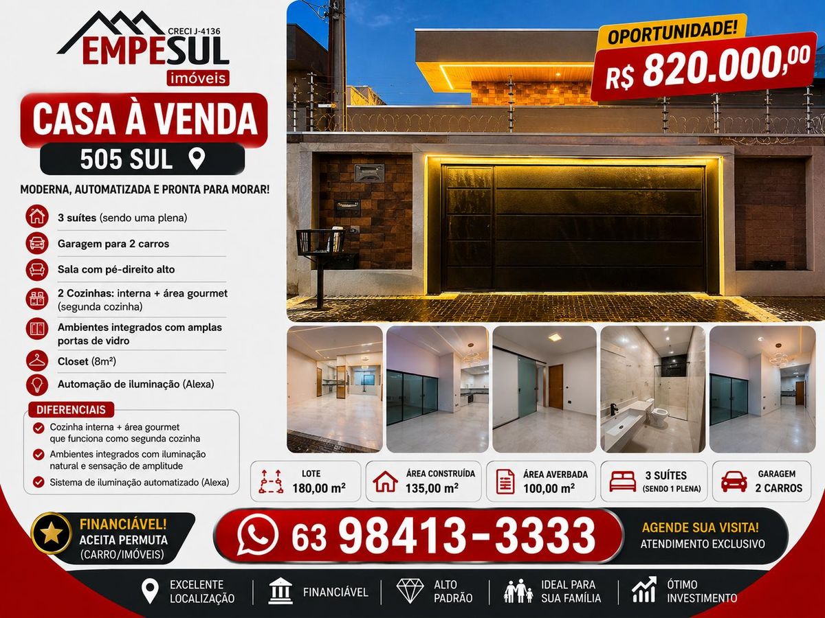 Vendo Casa Moderna e com automação na 505 Sul