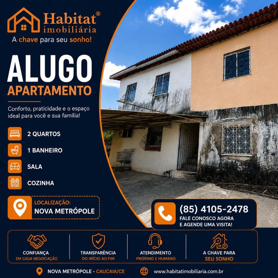 ALUGO APARTAMENTO EM BLOCO COM 2 QUARTO NO NOVA METROPOLE - Apartamento em Nova Metrópole (Jurema), Caucaia - para locação - HABITAT CAUCAIA IMÓVEIS LTDA