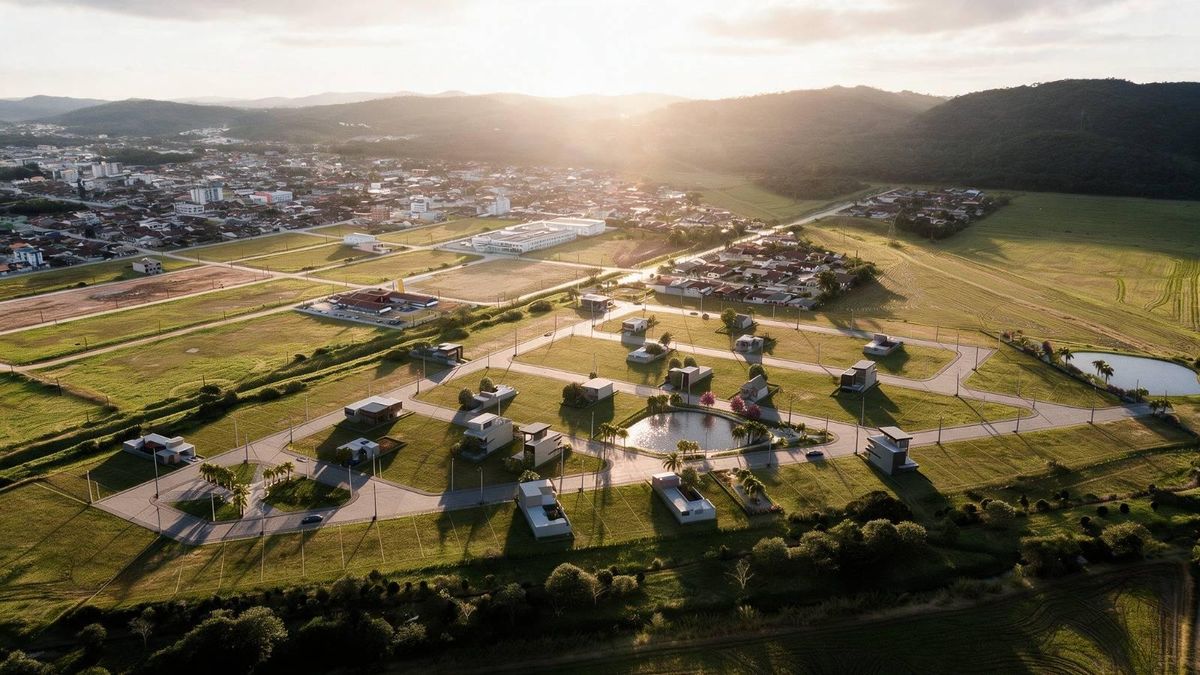Vista aérea de área verde com pequenas casas, lago e montanhas ao fundo