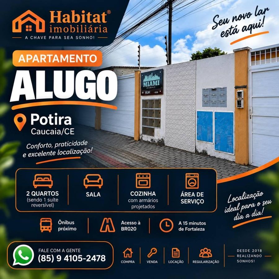 ALUGO APARTAMENTO COM 2 QUARTOS NO PARQUE POTIRA - Apartamento em Parque Potira (Jurema), Caucaia - para locação - HABITAT CAUCAIA IMÓVEIS LTDA