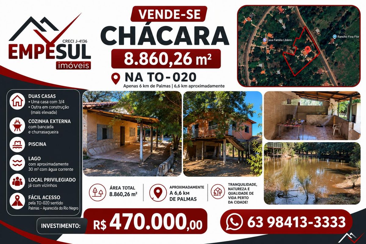 Vendo Chácara com 8.860,26 m2 a 6km de Palmas