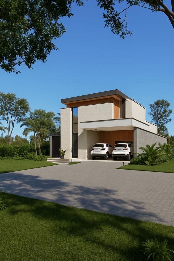 ?? Fachada moderna com detalhes em pedra natural e madeira, garagem para dois veículos ??, ambiente externo bem cuidado com árvores ? e grama verde ? sob céu azul claro ☀️. (melhorada por IA)