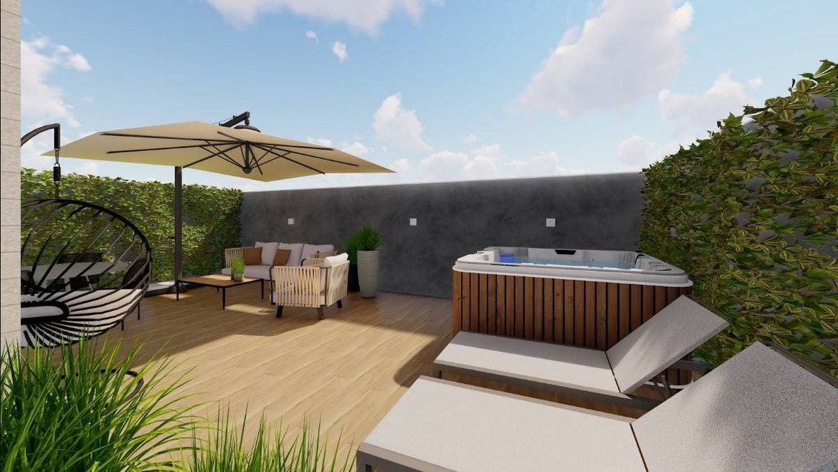 Espaço ao ar livre com lounge, jacuzzi, plantas e toldo.