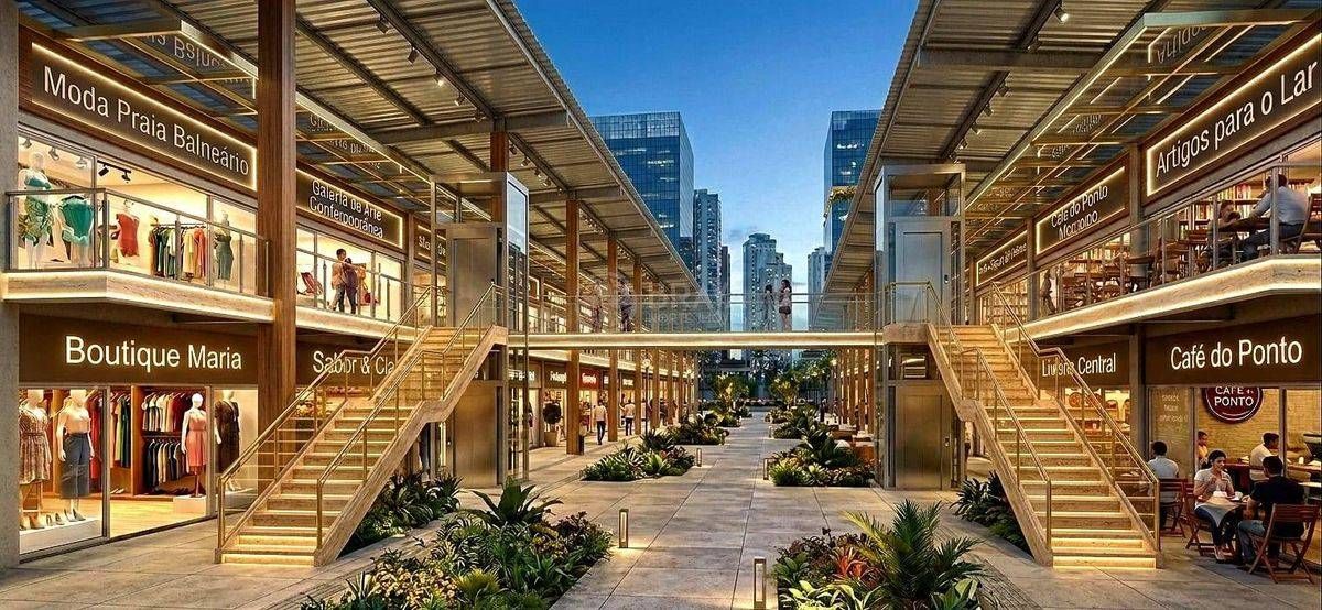 Ambiente de shopping ao ar livre, com lojas e escadas de madeira.
