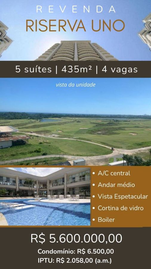Apartamento de Luxo no Riserva Uno – 435m², 5 Suítes, 4 Vagas – Barra da Tijuca - Rio de Janeiro - Apartamento em Barra da Tijuca, Rio de Janeiro - à venda - Ativa Imobiliária LTDA