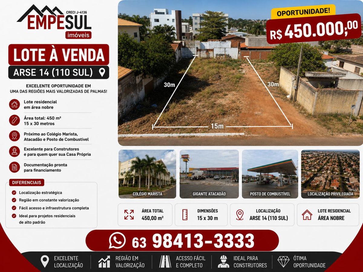 Vendo Lote Residencial na ARSE 14 ou 110 sul - Lote em Plano Diretor Sul, Palmas - à venda - Empesul Imóveis