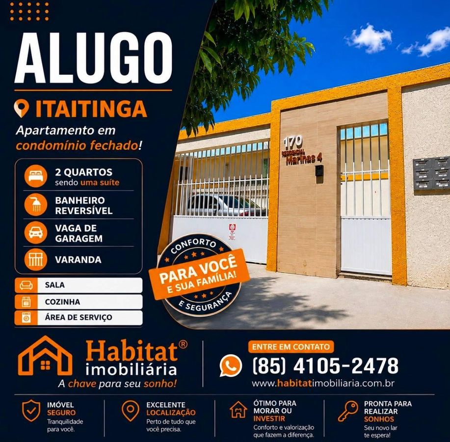 ALUGO APARTAMENTO COM 2 QUARTOS EM CONDOMINIO EM ITAITINGA - Apartamento em Itaitinga - para locação - HABITAT CAUCAIA IMÓVEIS LTDA