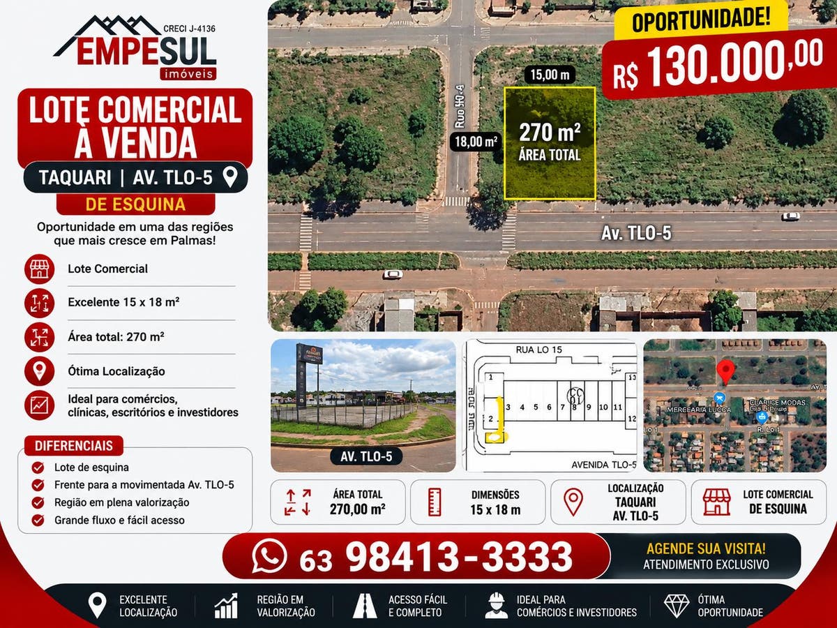 Vendo lote Comercial no Taquari na avenida TLO-05 de esquina - Terreno em Jardim Taquari (Taquaralto), Palmas - à venda - Empesul Imóveis