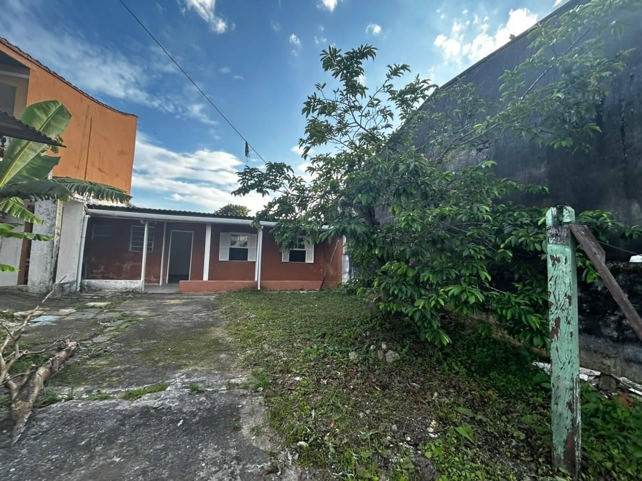 Área externa com casa de acabamento simples, jardim e poste antigo.