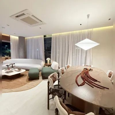 Sala de estar e jantar com ilha gourmet