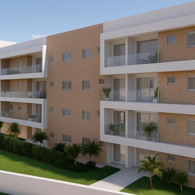 ?✨ Fachada moderna de edifício residencial com detalhes em tijolos ? e varandas com vidro ?, sob céu azul e clima ensolarado ☀️. (melhorada por IA)