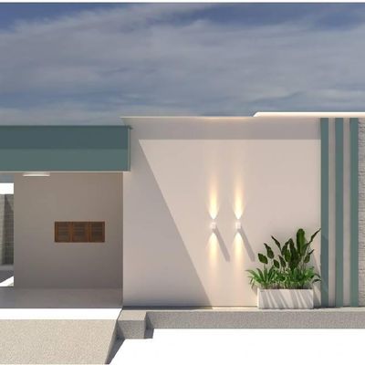 Fachada moderna com parede clara ⚪️, detalhes em azul azulado ? e iluminação elegante ?. Decorada com plantas verdes ? ao lado, transmitindo sofisticação e tranquilidade. Autenticidade e aconchego na entrada da residência ?.