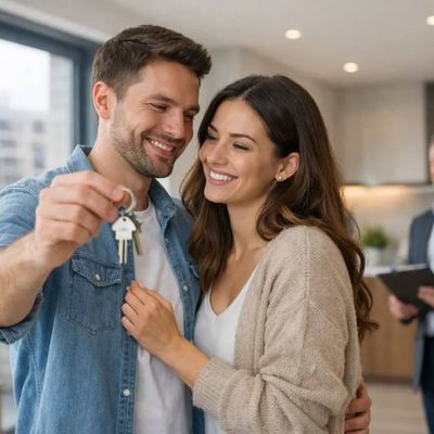 Casal comprando o primeiro apartamento novo