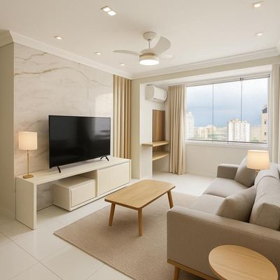 Sala de estar e varanda integrada (melhorada por IA)