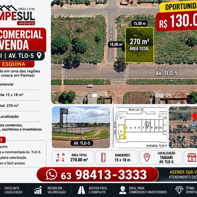 Vendo lote Comercial no Taquari na avenida TLO-05 de esquina - Terreno em Jardim Taquari (Taquaralto), Palmas - à venda - Empesul Imóveis